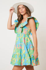 Ruffle Shoulder Geometric Print Dress