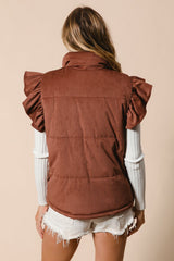 Ruffle sleeves corduroy puffer vest