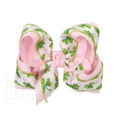 ST. PATRICK'S LIGHT PINK/GLITTER CLOVER HAIR BOW ON CLIP- 4.5" BOW ON ALLIGATOR CLIP