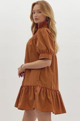 Brown ruffled neck puff sleeve dress