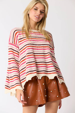 Poly Multi Color Stripe Loose Fit Raw Edge Sweater