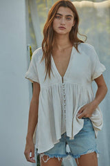 V-Neck Button Short Sleeve Top