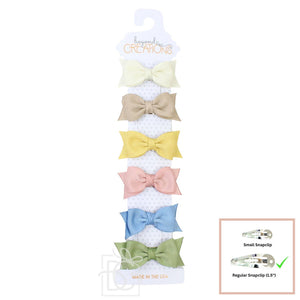 6 PACK - 2" TODDLER SOPHIA BOW ON SNAP CLIP: Muted 6 Pack - Antique White; Oatmeal; Lemonade; Sweet Nectar; French Blue; Spring Moss