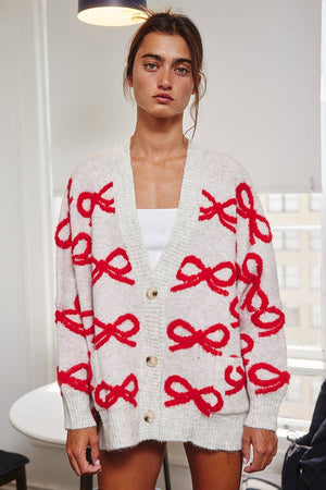 Oversized Ribbon Pullover Sweater Cardigan: CREAM/RED