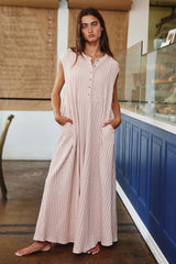 Textured Wide Leg Button-up Loose Fit Jumpsuit: PEACH