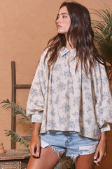 Puff Sleeve Pleated Floral Blouse Top