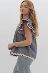 Slate blue print ruffled sleeve top