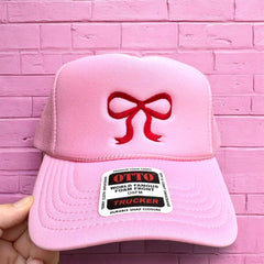 Bow Embroidered Pink Trucker Hat