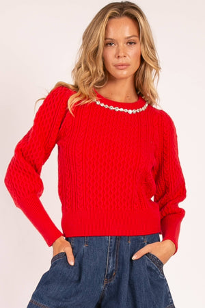 Pearl Accent Cable Knit Sweater