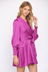 SATIN TIE WAIST WRAP DRESS