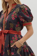 Black Floral with Rust flowers and belt