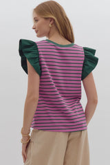 Orchid/Green Stripped ruffled sleeve top