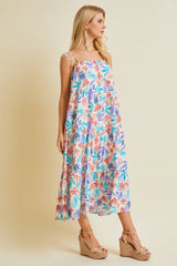 MULTI-COLORED TROPICAL MIDI DRESS WITH SMOCKED NECK