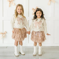 Gingham Bow Patch Sweatshirt - Natural - Girls Clothes: 10