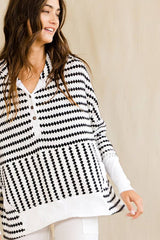 Oversize Stripe Button Up Hoodie Top