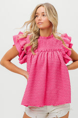 Bubble Texture Ruffled Sleeve Top