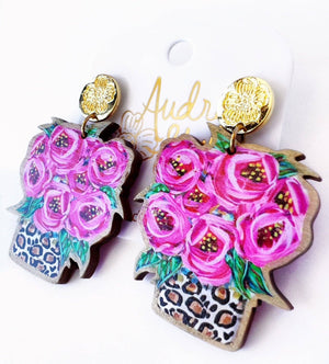 Leopard Rose Bouquet Dangle Earring Animal Print Flower Floral