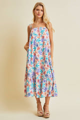 MULTI-COLORED TROPICAL MIDI DRESS WITH SMOCKED NECK