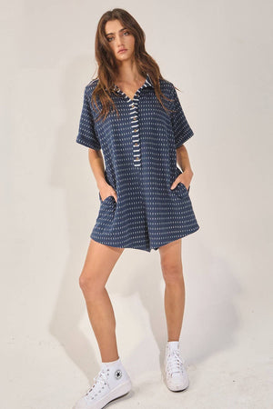 Dash Dot Print Fabric Collared Neck Romper: Dark navy