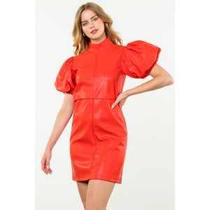 Red Puff sleeve leather midi dress