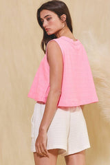 'BOW' Graphic Cropped Terry Tank Top: Neon pink