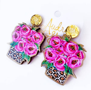 Leopard Rose Bouquet Dangle Earring Animal Print Flower Floral