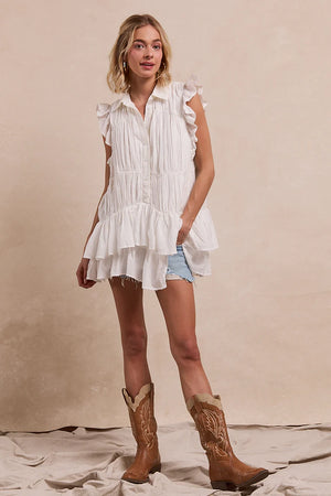 Shirring ruffle sleeve tunic collar