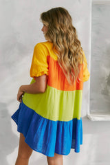 Color Block Tiered Shirt Dress: ORANGE MULTI / L