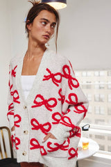 Oversized Ribbon Pullover Sweater Cardigan: CREAM/RED