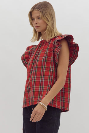 Red Plaid Ruffled sleeve top