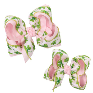 ST. PATRICK'S LIGHT PINK/GLITTER CLOVER HAIR BOW ON CLIP- 4.5" BOW ON ALLIGATOR CLIP