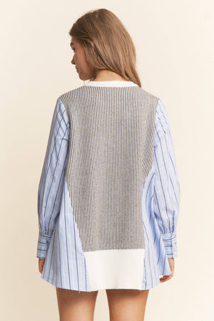 Multi Pattern Color Block Long Sleeve Top  S-L / 1X-3X: Blue Combo / L