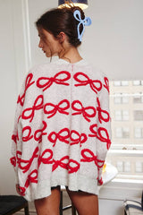 Oversized Ribbon Pullover Sweater Cardigan: CREAM/RED