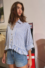 Ruffled Detail Striped Classic Button-Down Shirt