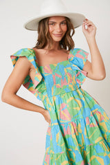 Ruffle Shoulder Geometric Print Dress