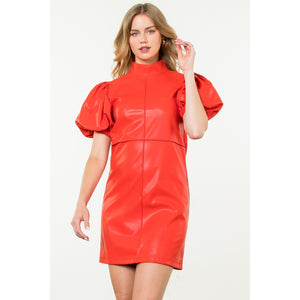 Red Puff sleeve leather midi dress