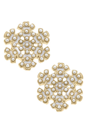 Pearl Studded Enamel Snowflake Stud Earrings in Ivory