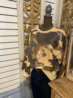 QOS Green full Sequin Camo Sweatshirt