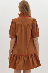 Brown ruffled neck puff sleeve dress