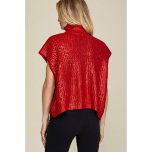 METALLIC FOIL SWEATER TOP: RED