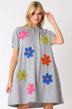 Flower Trim Detail Half Zip Puff Sleeve Dress