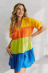 Color Block Tiered Shirt Dress: ORANGE MULTI / L