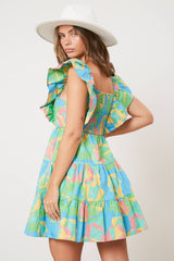 Ruffle Shoulder Geometric Print Dress