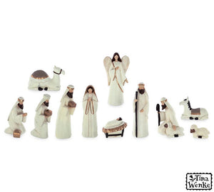 12pc distressed wooden nativity w/gold trim