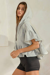 Short Sleeve Ruffled Hoodie Crop Top