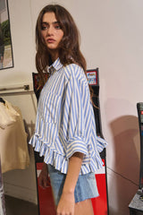 Ruffled Detail Striped Classic Button-Down Shirt