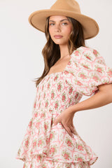 Bow & Rose Printed Puff Sleeve Tiered Midi Dress