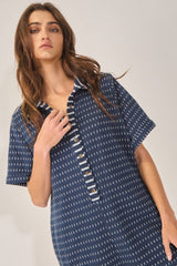 Dash Dot Print Fabric Collared Neck Romper: Dark navy