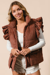 Ruffle sleeves corduroy puffer vest