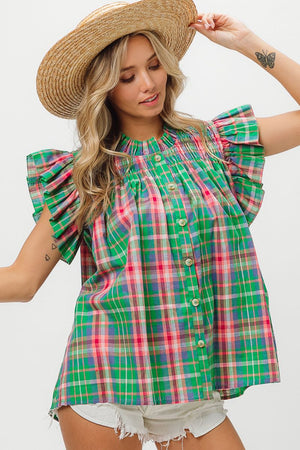 Plaid Check Flutter Button Up With Smocked Yoke